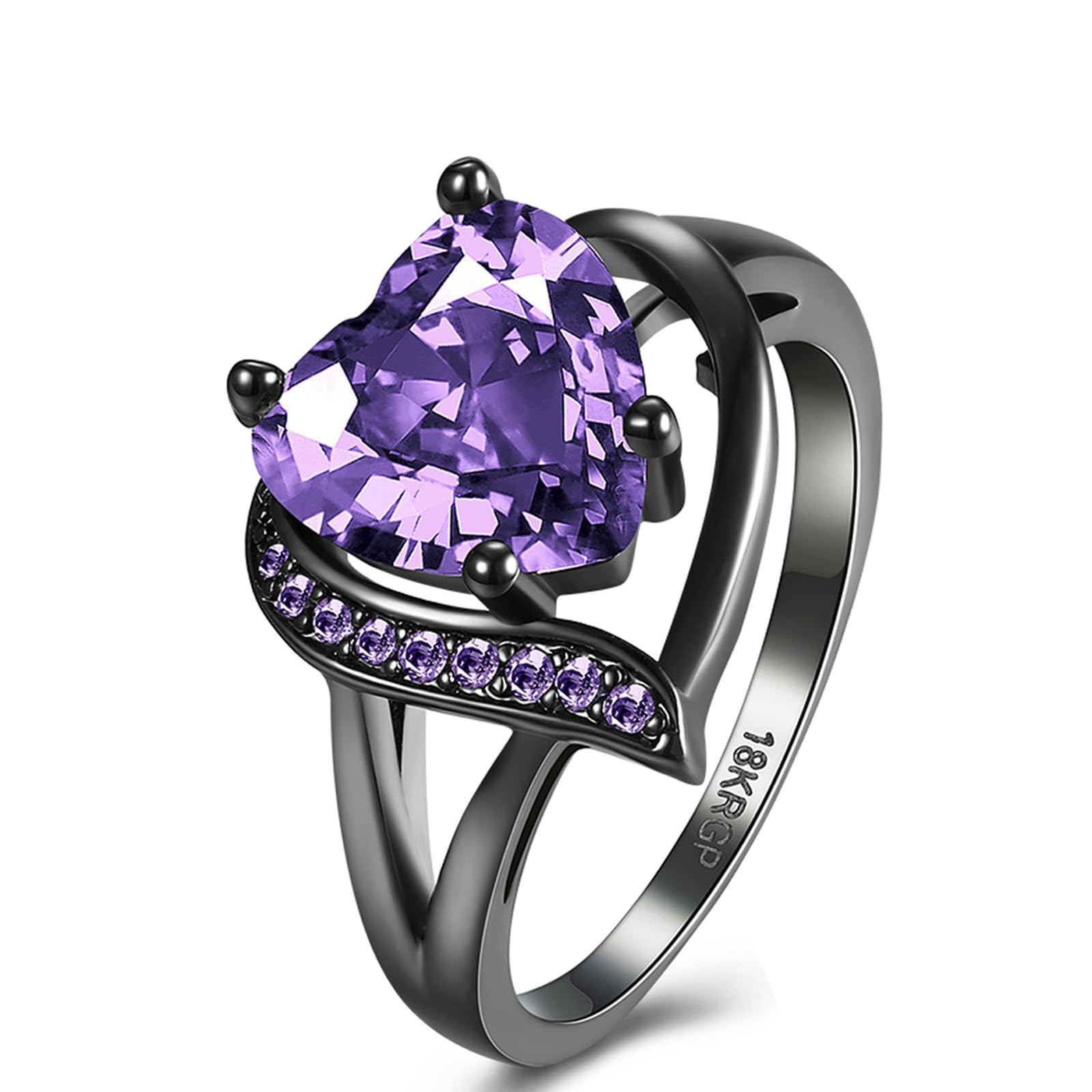 QOBEBOTA Romantic Size 8 Black Gold Plated Engagement Rings Purple Heart Amethyst Ring Promise Rings for Her Gothic Wedding Ring Birthday Gifts Statement Ring for Women