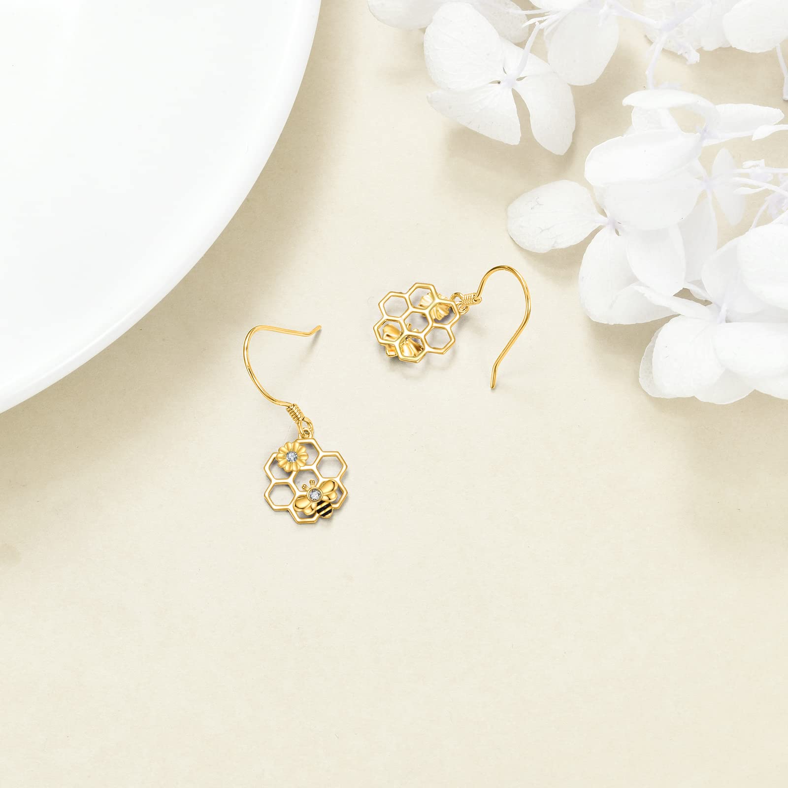 Gold Bee Earrings Gifts 14K Gold Honeycomb Bee Dangle Earrings Sunflower Flower Leverback Earrings Jewelry for Women Her Wife