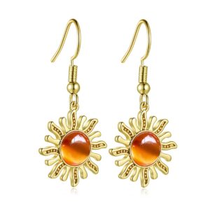 14K Gold Sun Drop Dangle Earrings for Women Unique Orange Carnelian Hippie Earrings Crystal Sun Jewelry Gifts (Sun Earrings)