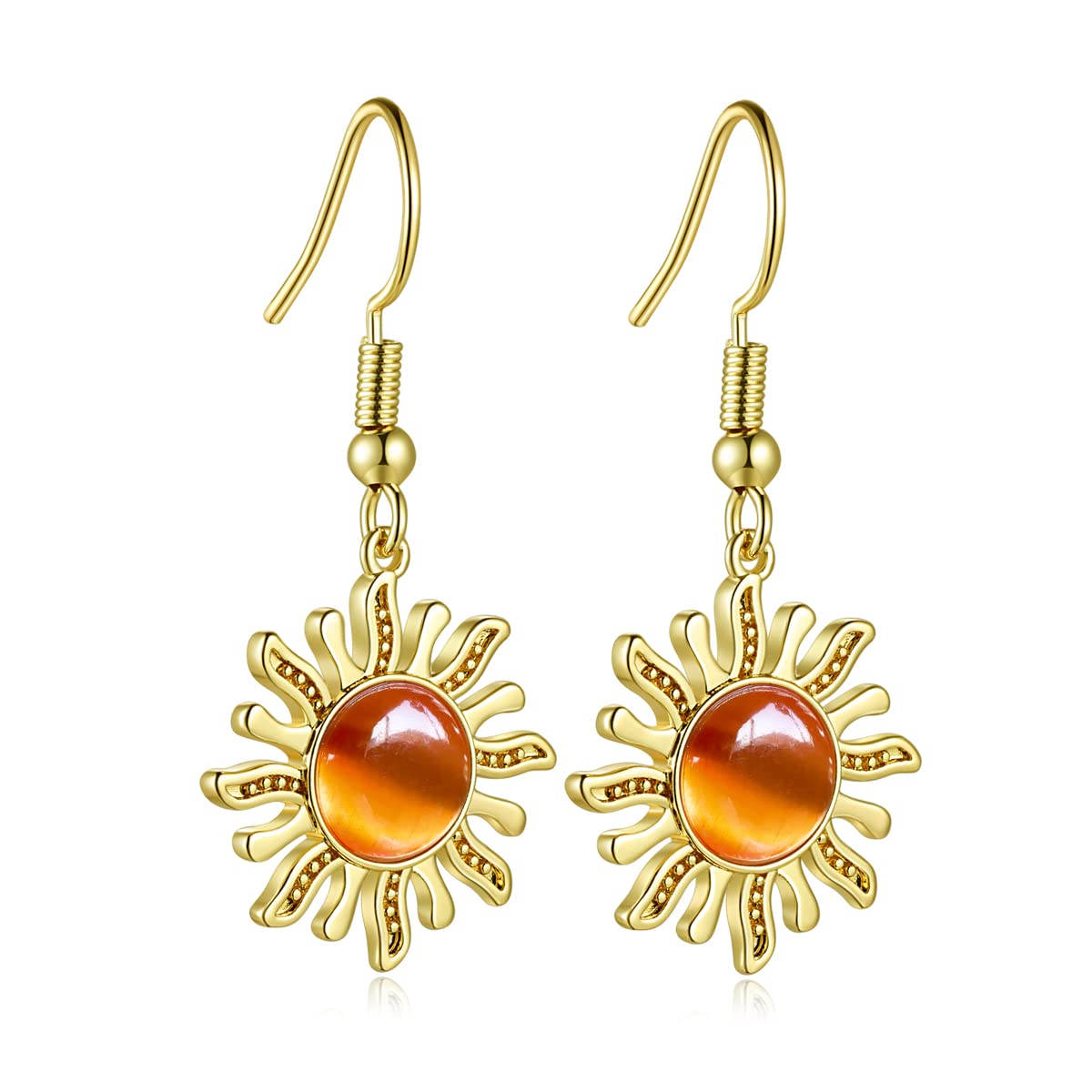 14K Gold Sun Drop Dangle Earrings for Women Unique Orange Carnelian Hippie Earrings Crystal Sun Jewelry Gifts (Sun Earrings)