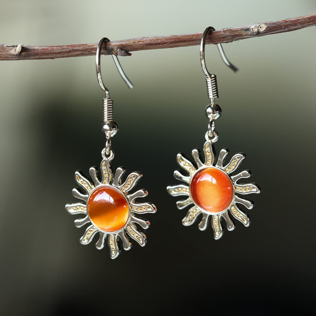 14K Gold Sun Drop Dangle Earrings for Women Unique Orange Carnelian Hippie Earrings Crystal Sun Jewelry Gifts (Sun Earrings)