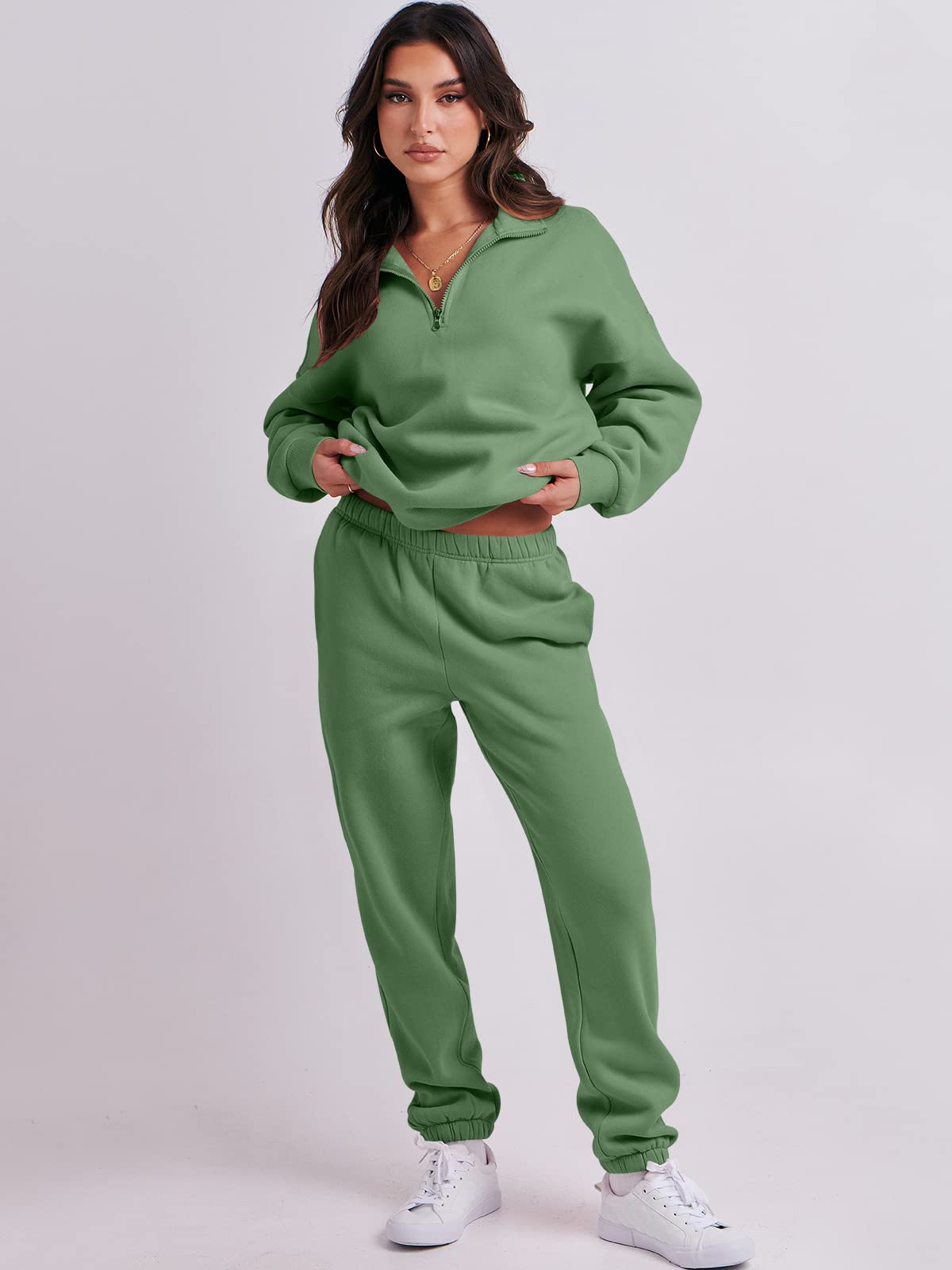 Prinbara Women 2 Piece Outfits Sweat Set 2024 Fall Oversized Sweatshirts Jogger Sweatpants Lounge Sets Tracksuit Dark Green Small