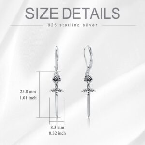 PELOVNY Christmas Gifts Gothic Sword Earrings 925 Sterling Silver Rose Dagger Earrings Drop Dangle Earrings for Women Friends