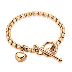 555Jewelry 5mm Stainless Steel Puffed Heart Charm Box Chain Bracelets for Women, T Toggle Clasp ‎Bracelets for Women, Heart Bracelets for Girls, Womens Heart Bracelets, 7 Inch, Rose Gold