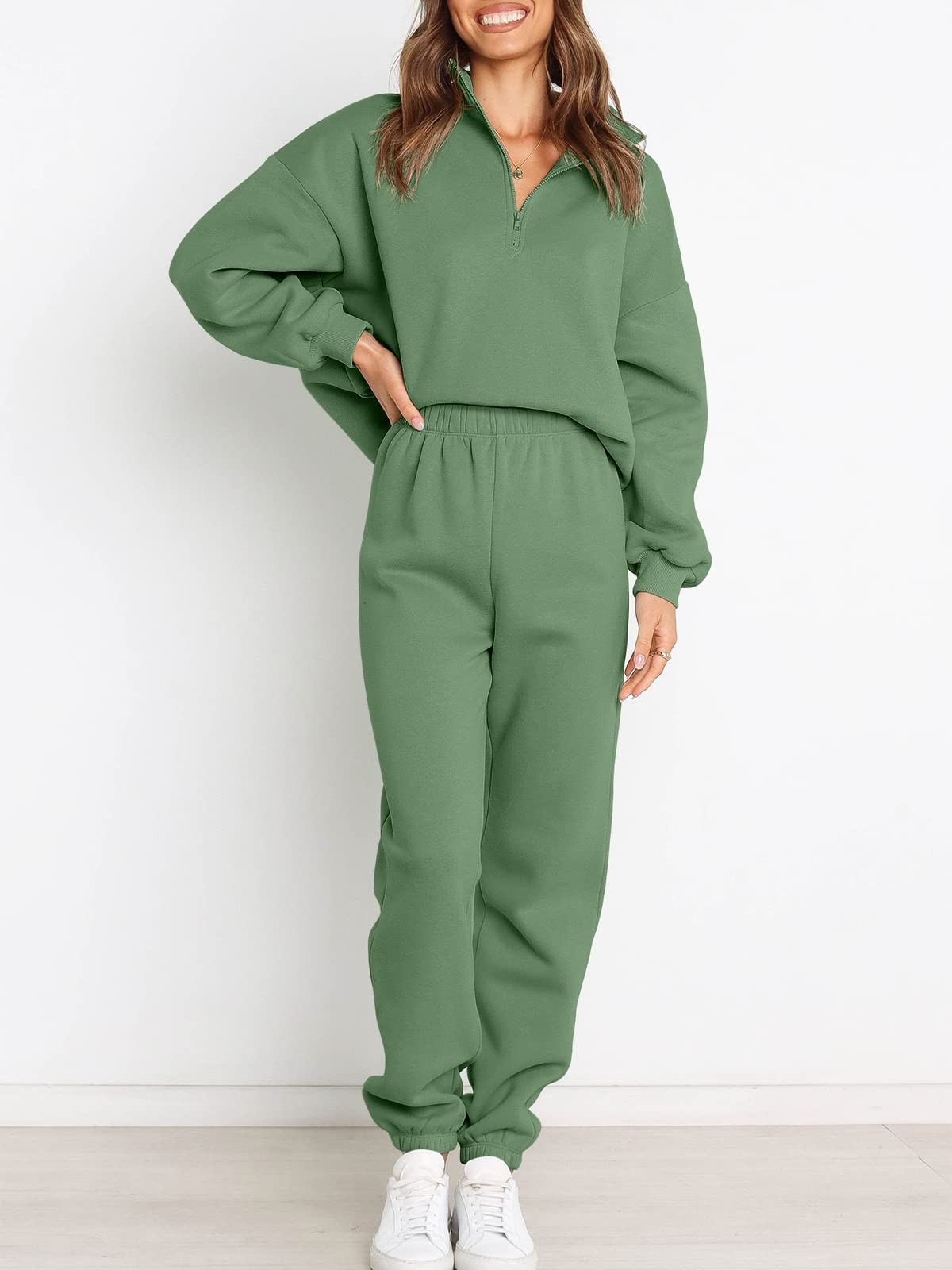 Prinbara Women 2 Piece Outfits Sweat Set 2024 Fall Oversized Sweatshirts Jogger Sweatpants Lounge Sets Tracksuit Dark Green Small