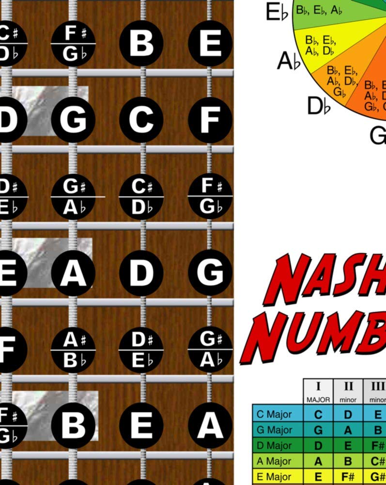 Laminated 6 String Bass Fretboard Notes Chart Nashville Number System & Circle of 5ths Easy Instructional Poster for Beginner for Notebook - A New Song Music 8.5 x 11