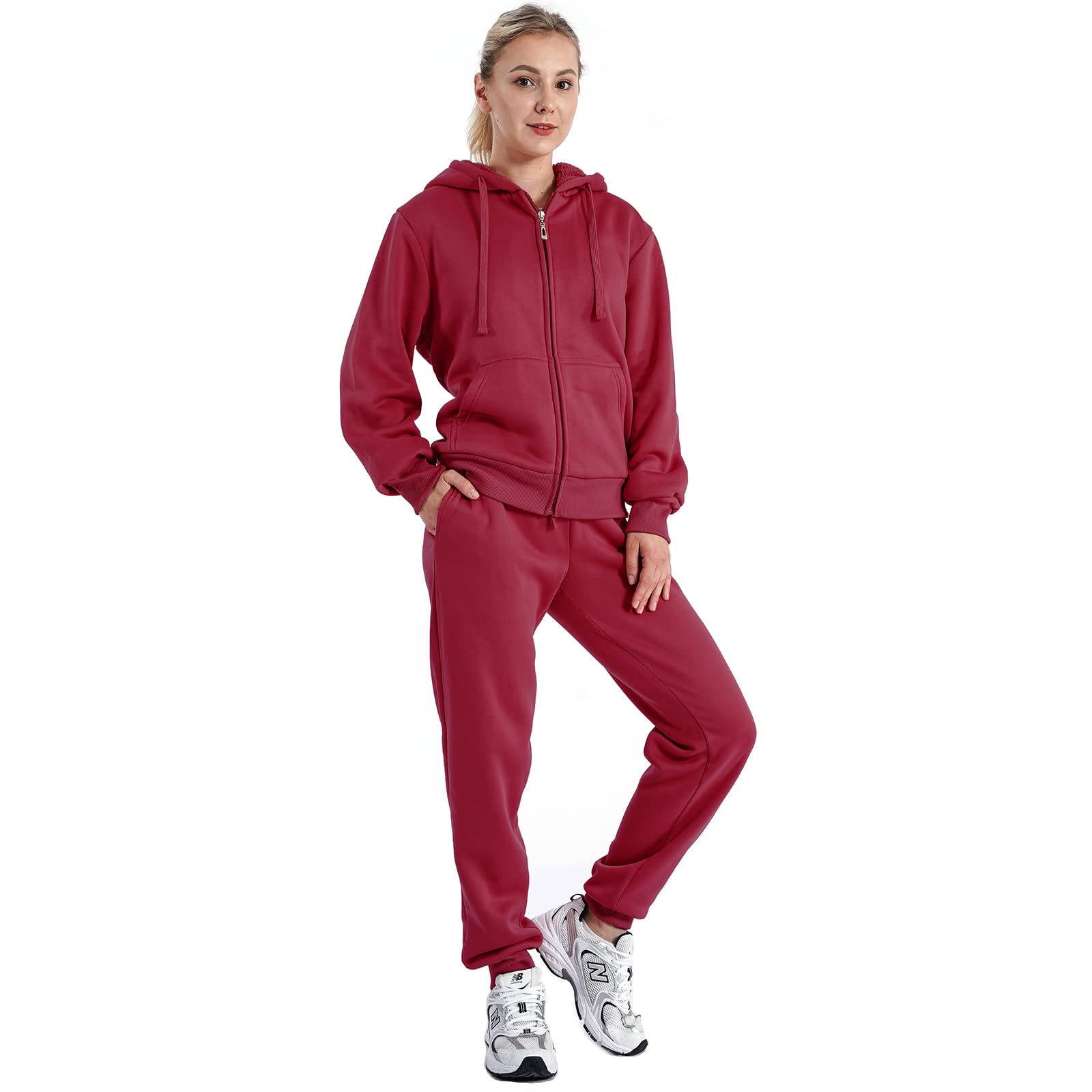 LeeHanTon Womens Sweat Suit 2 Piece Tracksuits Fleece Sherpa Lined Hoodie Sweatpants Warm Outfits Jogging Suits Sets LJS100 Wine XL