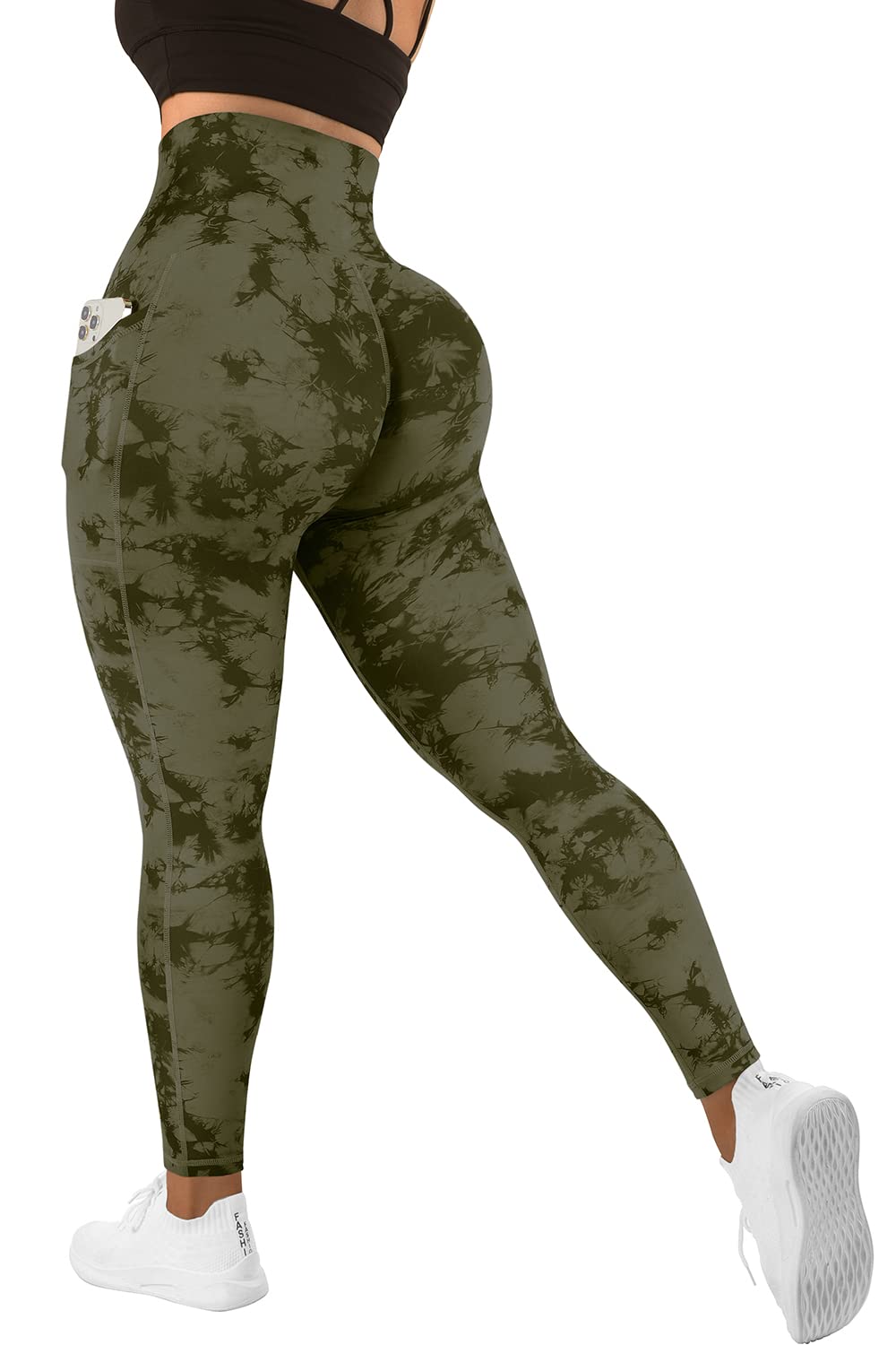 MOOSLOVER Women Corset High Waisted Leggings with Pockets Tummy Control Body Shaper Yoga Pants(S,#1 Army Green Tie-dye)