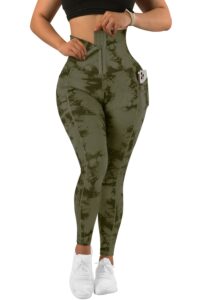 mooslover women corset high waisted leggings with pockets tummy control body shaper yoga pants(s,#1 army green tie-dye)