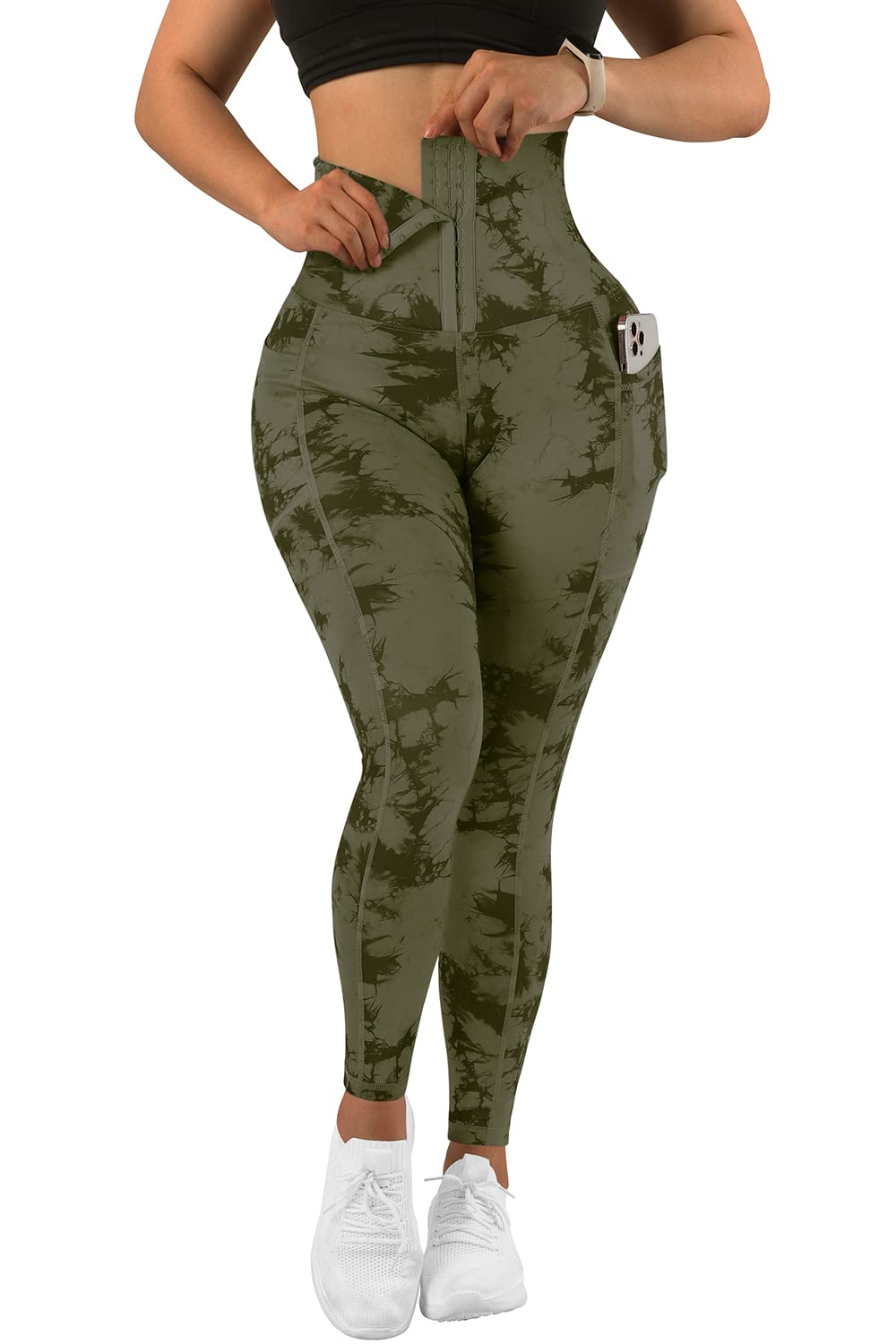 MOOSLOVER Women Corset High Waisted Leggings with Pockets Tummy Control Body Shaper Yoga Pants(S,#1 Army Green Tie-dye)