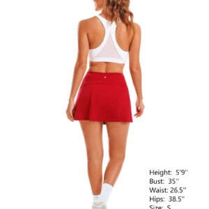 Stelle Women Tennis Skirt Golf Skorts Athletic High Waisted with Pockets Inner Shorts Sport Workout Pleated Pickleball(Red-Nylon-2,M)