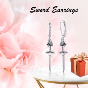 PELOVNY Christmas Gifts Gothic Sword Earrings 925 Sterling Silver Rose Dagger Earrings Drop Dangle Earrings for Women Friends