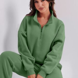 Prinbara Women 2 Piece Outfits Sweat Set 2024 Fall Oversized Sweatshirts Jogger Sweatpants Lounge Sets Tracksuit Dark Green Small