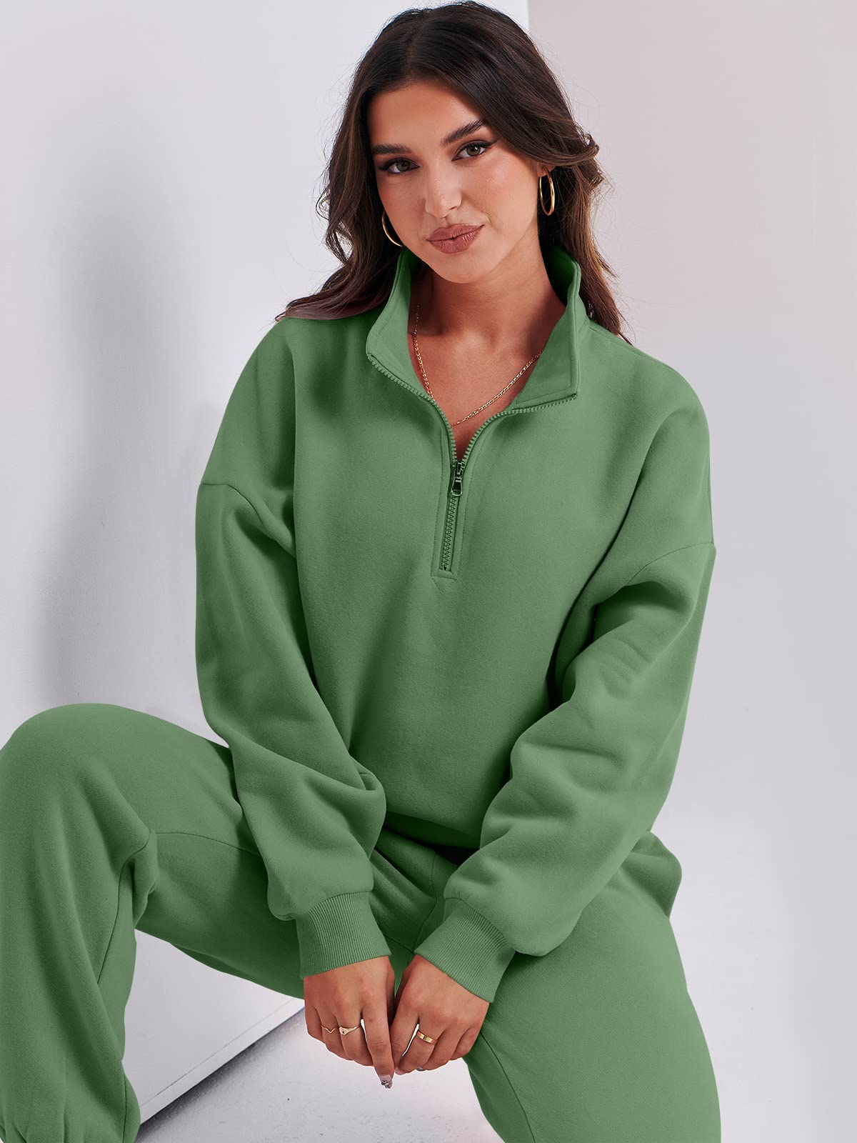 Prinbara Women 2 Piece Outfits Sweat Set 2024 Fall Oversized Sweatshirts Jogger Sweatpants Lounge Sets Tracksuit Dark Green Small