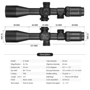 SPINA OPTICS 4-16x44 FFP First Focal Plane Riflescopes with Mil-dot Reticle and Parallax Adjustment, Waterproof, Fogproof Black Rifle Scope, 30mm Tube (with 11mm mounts)