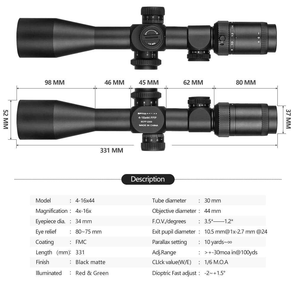 SPINA OPTICS 4-16x44 FFP First Focal Plane Riflescopes with Mil-dot Reticle and Parallax Adjustment, Waterproof, Fogproof Black Rifle Scope, 30mm Tube (with 11mm mounts)