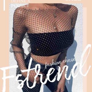 Fstrend Mesh Body Chains Rhinestone Crystal See Through Crop Tops Fishnet Dress Cover Up Black EDM Festival Outfits for Women