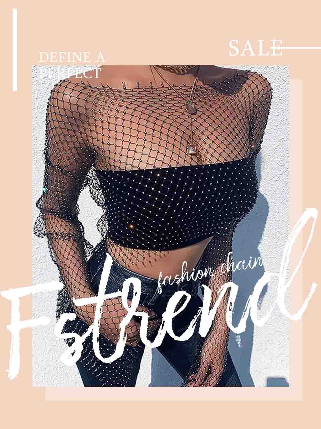 Fstrend Mesh Body Chains Rhinestone Crystal See Through Crop Tops Fishnet Dress Cover Up Black EDM Festival Outfits for Women