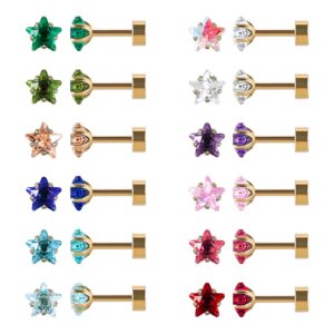 12 pairs flat back surgical stainless steel stud earrings, 18k gold plated silver screw back heart star round cubic zirconia cz birthstone stud earrings set (gold star 3mm)