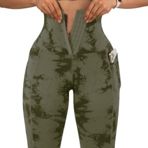 MOOSLOVER Women Corset High Waisted Leggings with Pockets Tummy Control Body Shaper Yoga Pants(S,#1 Army Green Tie-dye)