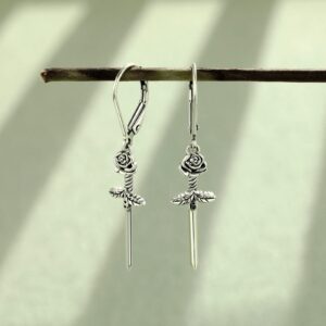 PELOVNY Christmas Gifts Gothic Sword Earrings 925 Sterling Silver Rose Dagger Earrings Drop Dangle Earrings for Women Friends