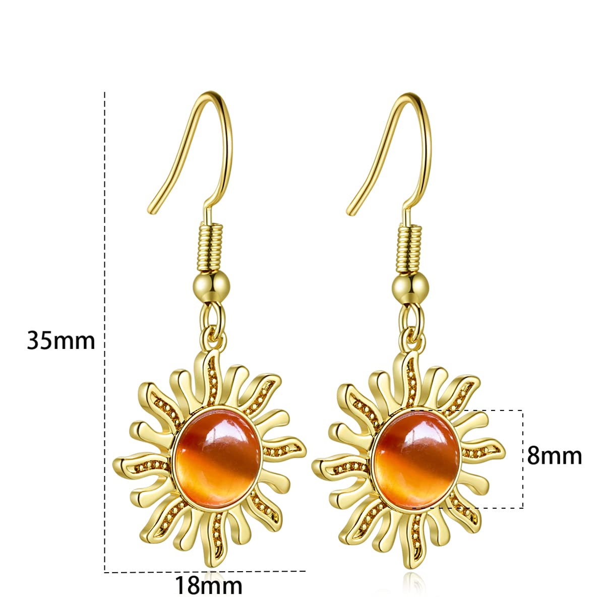 14K Gold Sun Drop Dangle Earrings for Women Unique Orange Carnelian Hippie Earrings Crystal Sun Jewelry Gifts (Sun Earrings)