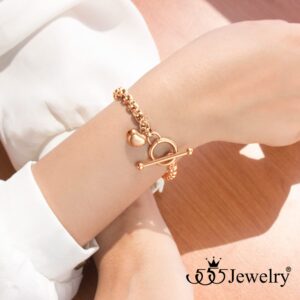 555Jewelry 5mm Stainless Steel Puffed Heart Charm Box Chain Bracelets for Women, T Toggle Clasp ‎Bracelets for Women, Heart Bracelets for Girls, Womens Heart Bracelets, 7 Inch, Rose Gold