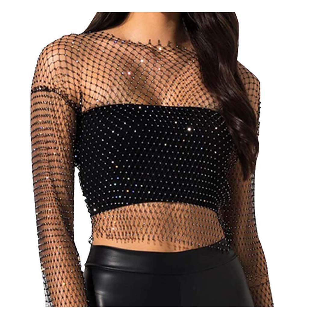 Fstrend Mesh Body Chains Rhinestone Crystal See Through Crop Tops Fishnet Dress Cover Up Black EDM Festival Outfits for Women