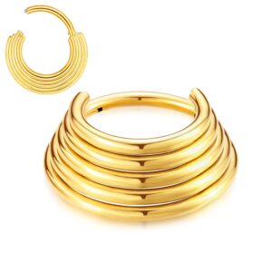 ENVYOU 2PCS 16G Gold Hinged Septum Clicker Ring Daith Earrings Hypoallergenic Piercing Jewelry (Gold,5-Tier Stacked 8/10mm)