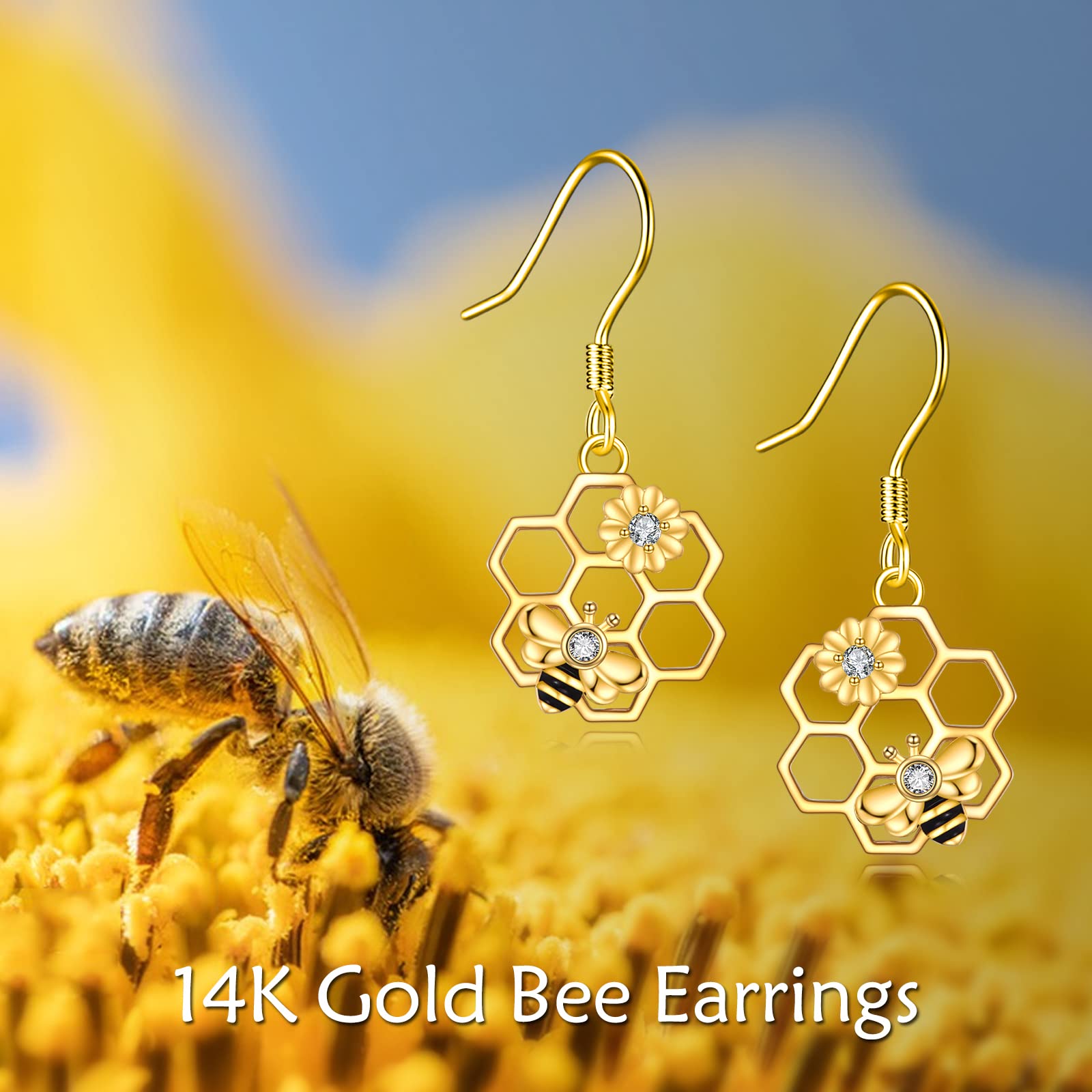 Gold Bee Earrings Gifts 14K Gold Honeycomb Bee Dangle Earrings Sunflower Flower Leverback Earrings Jewelry for Women Her Wife