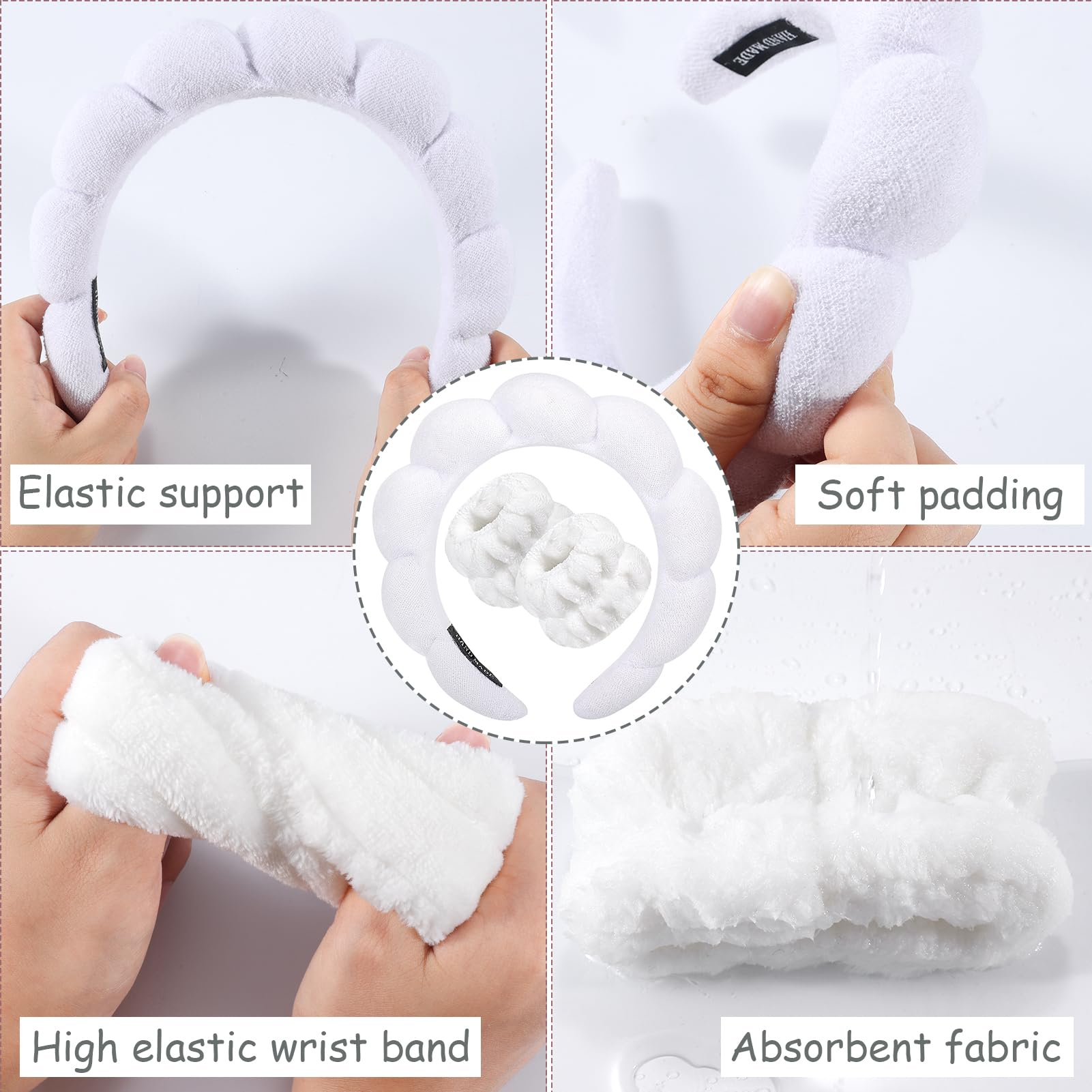 Zkptops Spa Headband for Washing Face Wristband Set Sponge Makeup Skincare Headband Terry Cloth Bubble Soft Get Ready Hairband for Women Girl Puffy Padded Headwear Non Slip Thick Hair Accessory(White)