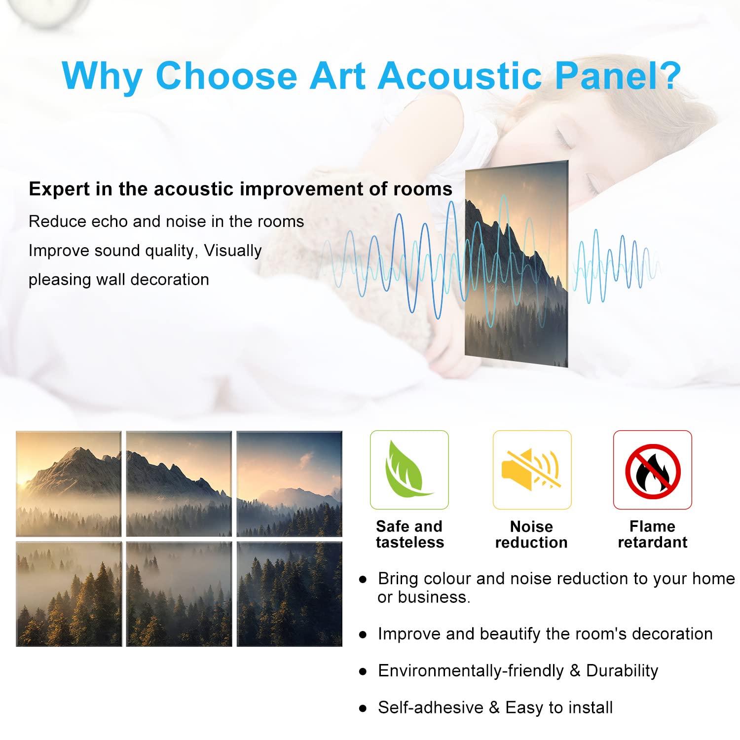 JBER Art Acoustic Panels Decorative, 6 Pack Acoustic Panels Art for Wall Decoration with Self Adhesive, Suitable for Recording Studio, Home Soundproof Wall Panels, 72x48inch (Misty Forest)