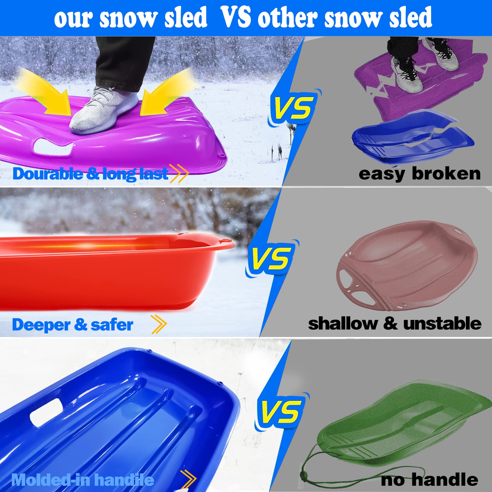 3-Packs,Snow Sled, sleds with Handles and Ropes,Plastics Snow Sled for Kids/Adults(Red+Purple+Blue)