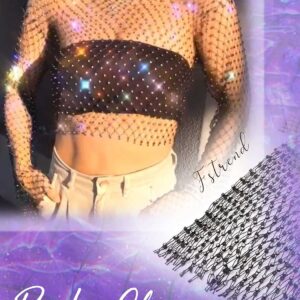 Fstrend Mesh Body Chains Rhinestone Crystal See Through Crop Tops Fishnet Dress Cover Up Black EDM Festival Outfits for Women