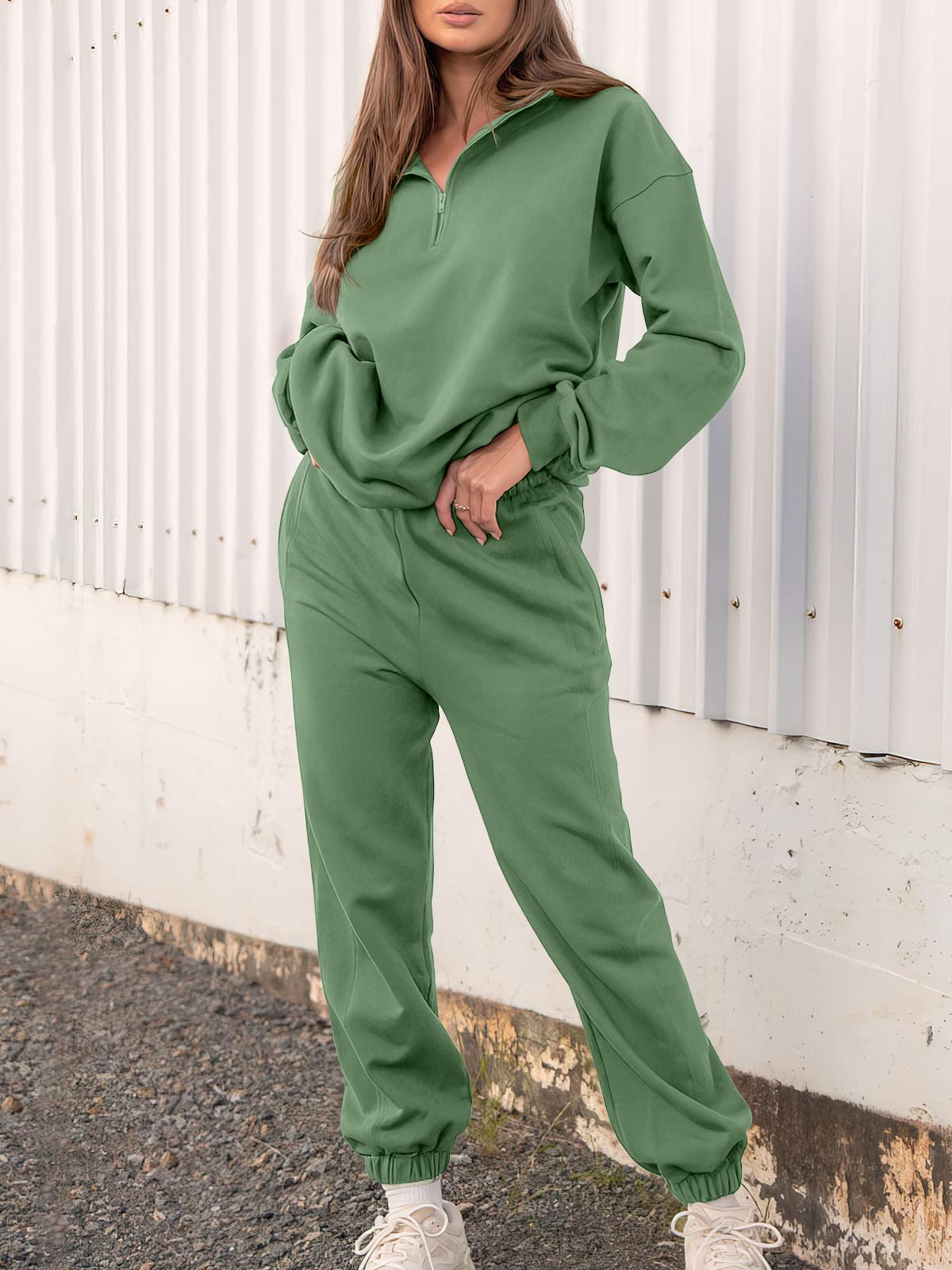 Prinbara Women 2 Piece Outfits Sweat Set 2024 Fall Oversized Sweatshirts Jogger Sweatpants Lounge Sets Tracksuit Dark Green Small