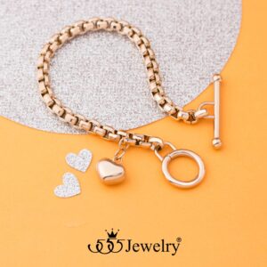 555Jewelry 5mm Stainless Steel Puffed Heart Charm Box Chain Bracelets for Women, T Toggle Clasp ‎Bracelets for Women, Heart Bracelets for Girls, Womens Heart Bracelets, 7 Inch, Rose Gold