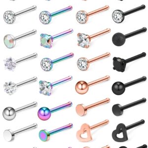 Ocptiy 18G Nose Rings Studs Piercing Jewelry for Women Stainless Surgical Steel Hypoallergenic Straight Nostril Nose Ring Pin Bone Stud Piercing Jewelry Women Men Silver Black Colorful Rose Gold 2MM