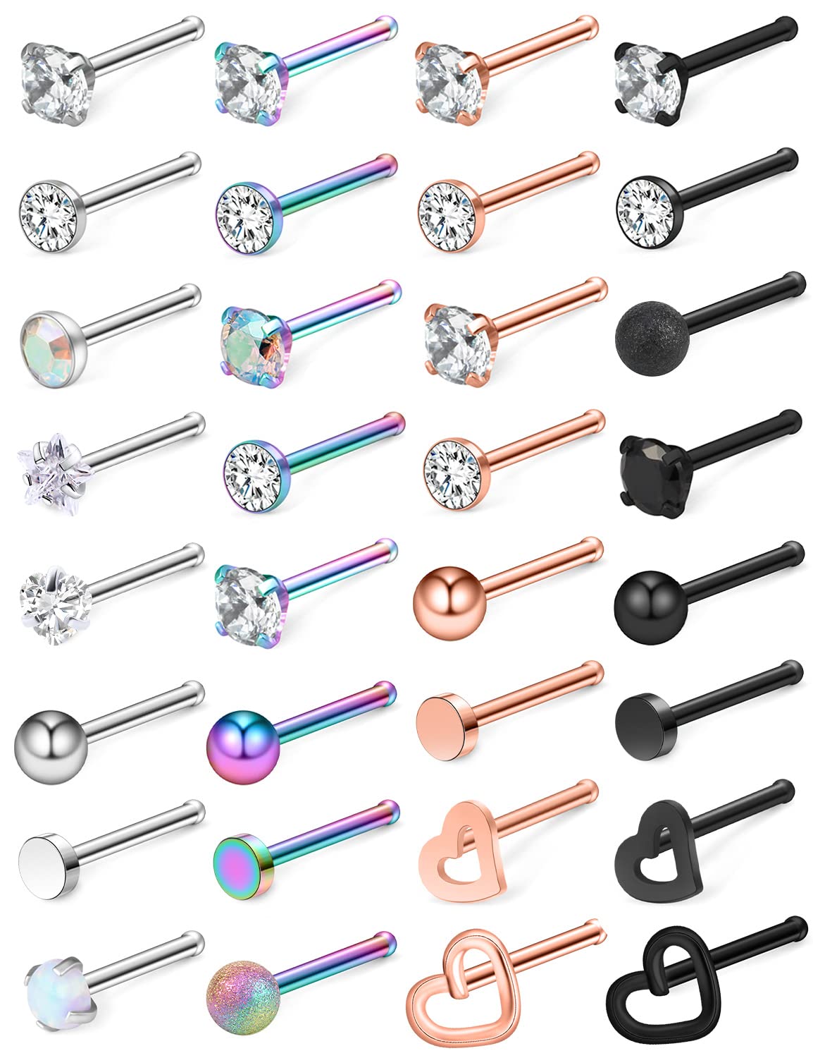 Ocptiy 18G Nose Rings Studs Piercing Jewelry for Women Stainless Surgical Steel Hypoallergenic Straight Nostril Nose Ring Pin Bone Stud Piercing Jewelry Women Men Silver Black Colorful Rose Gold 2MM