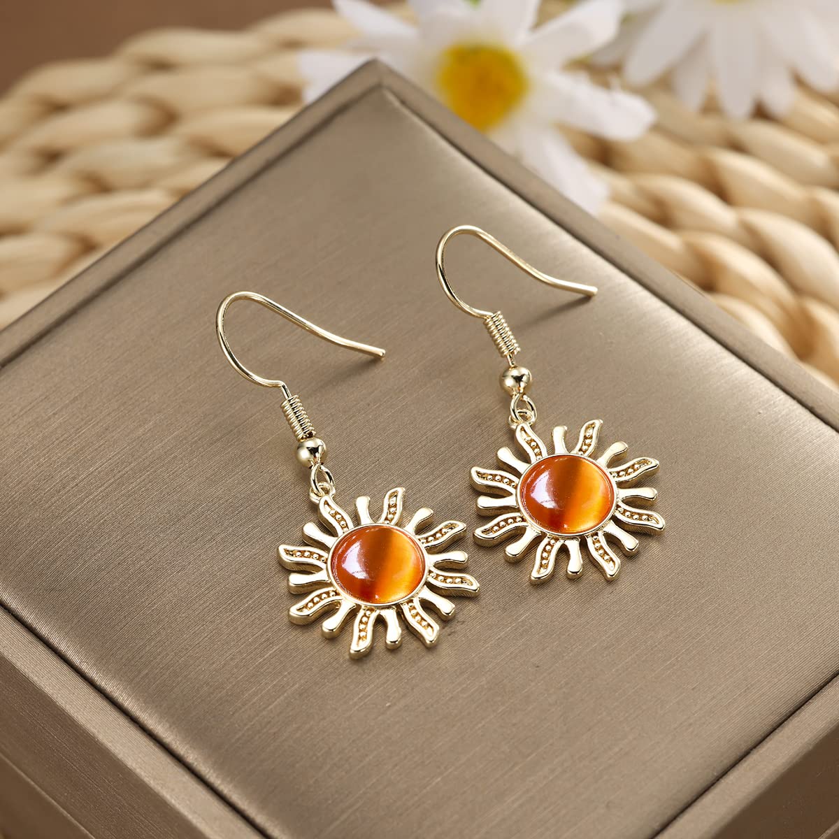 14K Gold Sun Drop Dangle Earrings for Women Unique Orange Carnelian Hippie Earrings Crystal Sun Jewelry Gifts (Sun Earrings)