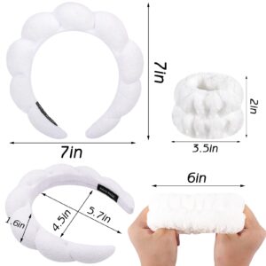 Zkptops Spa Headband for Washing Face Wristband Set Sponge Makeup Skincare Headband Terry Cloth Bubble Soft Get Ready Hairband for Women Girl Puffy Padded Headwear Non Slip Thick Hair Accessory(White)