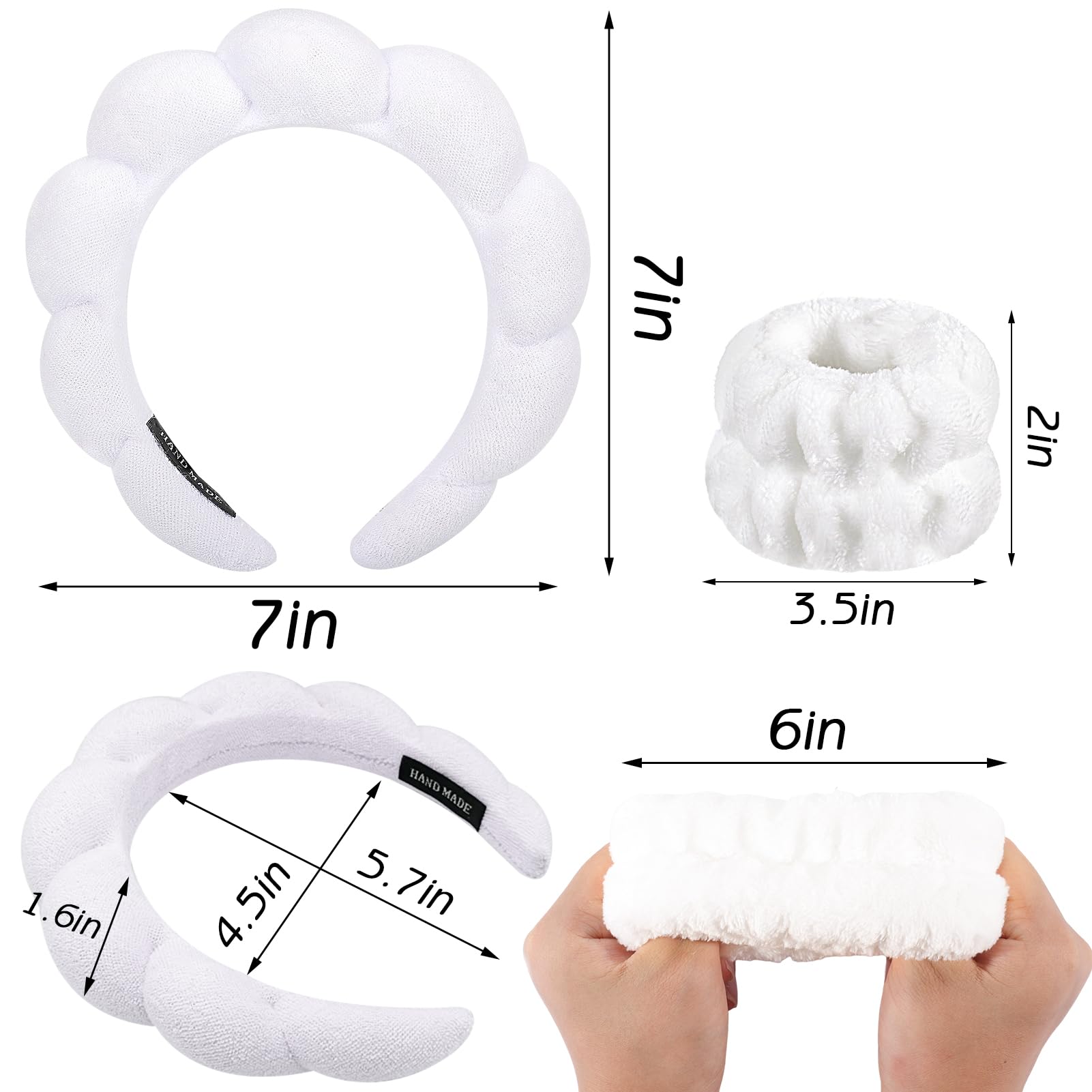 Zkptops Spa Headband for Washing Face Wristband Set Sponge Makeup Skincare Headband Terry Cloth Bubble Soft Get Ready Hairband for Women Girl Puffy Padded Headwear Non Slip Thick Hair Accessory(White)