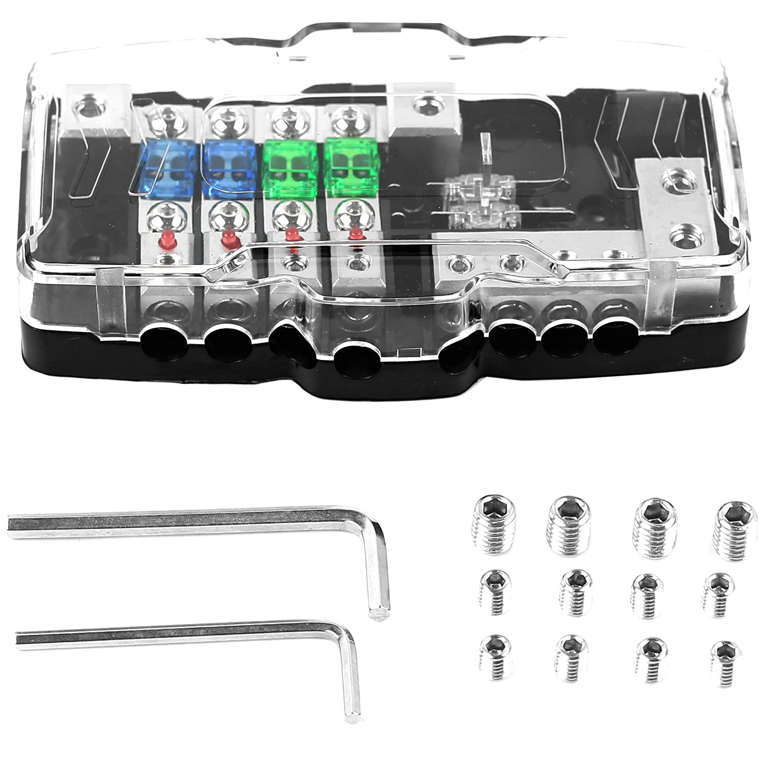 ZUYIYI 4-Way Car Audio Distribution Fuse Block with Ground Mini ANL Fuse Box Distribution Block 0/4ga 4 Way Fuse Holder 30A 60A 80A Red LED