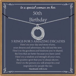 PAERAPAK 50th Birthday Gifts for Women, 5 Circle Necklace 50th Birthday Gifts Jewelry for Women Her Fifty 50 Years Old Birthday Gifts for 50 Year Old Woman Five 5 Decades Birthday Necklace for Women