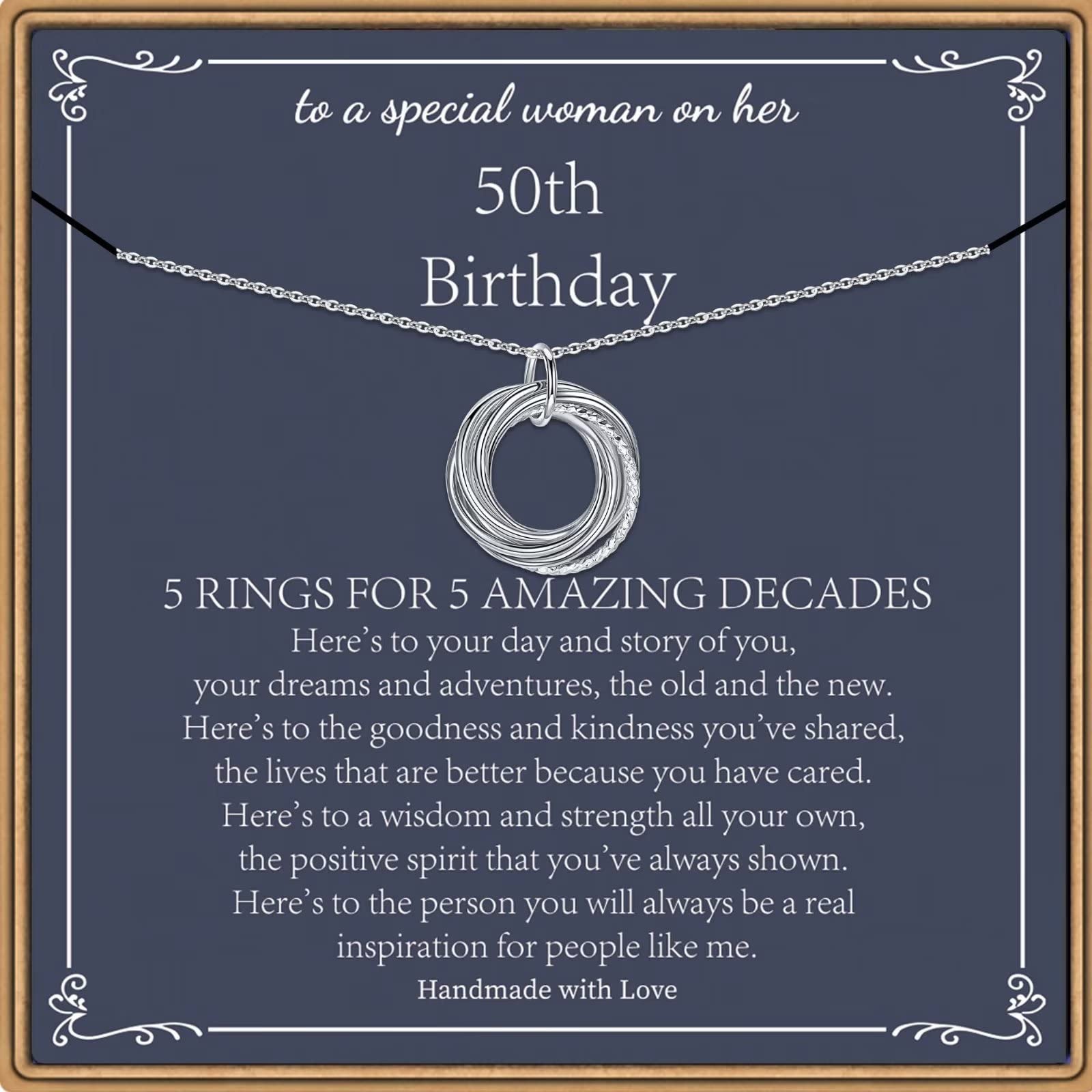 PAERAPAK 50th Birthday Gifts for Women, 5 Circle Necklace 50th Birthday Gifts Jewelry for Women Her Fifty 50 Years Old Birthday Gifts for 50 Year Old Woman Five 5 Decades Birthday Necklace for Women