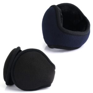 2pcs Winter Earmuffs, Fleece Unisex Foldable Ear Warmers Behind-The-Head Ear Muffs Winter Warm Ear Covers for Cold Weather Winter Outdoor Women Men (Black; Dark Blue)