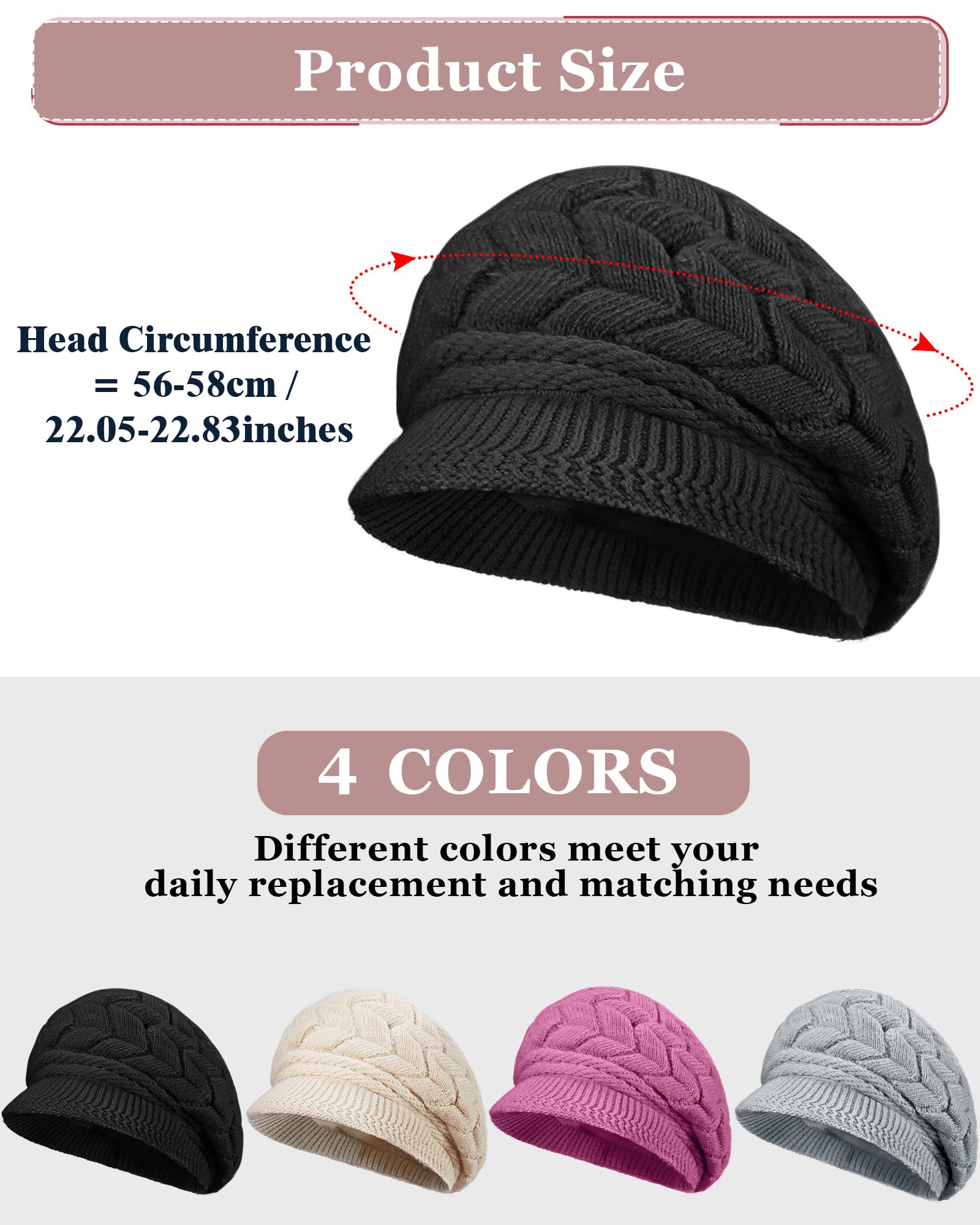 Newcotte Women Winter Hat 4 Pcs Knitted Caps with Visor 2024 Warm Hats for Women Beanies for Winter Cold Weather(Black, Beige, Purple, Gray)