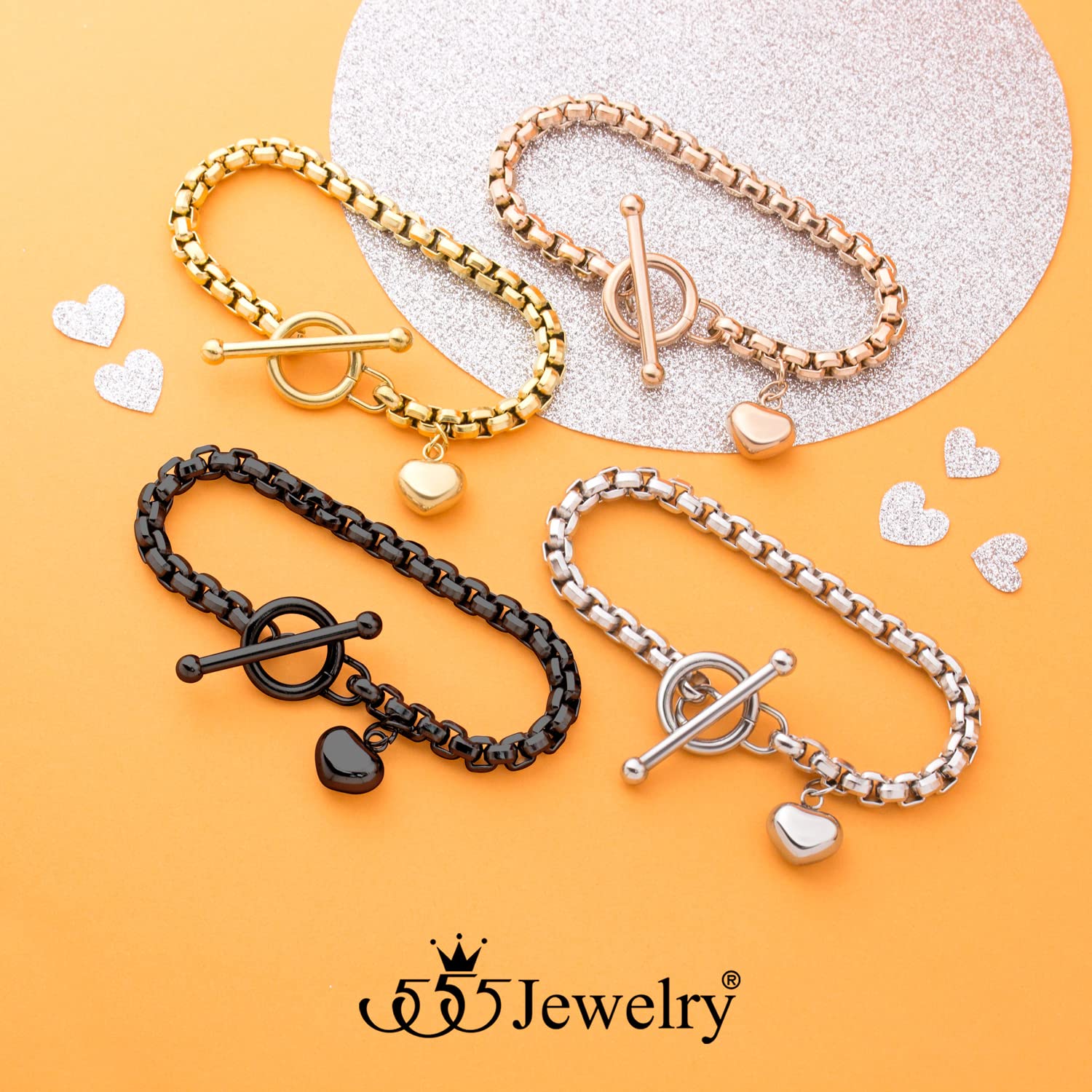 555Jewelry 5mm Stainless Steel Puffed Heart Charm Box Chain Bracelets for Women, T Toggle Clasp ‎Bracelets for Women, Heart Bracelets for Girls, Womens Heart Bracelets, 7 Inch, Rose Gold