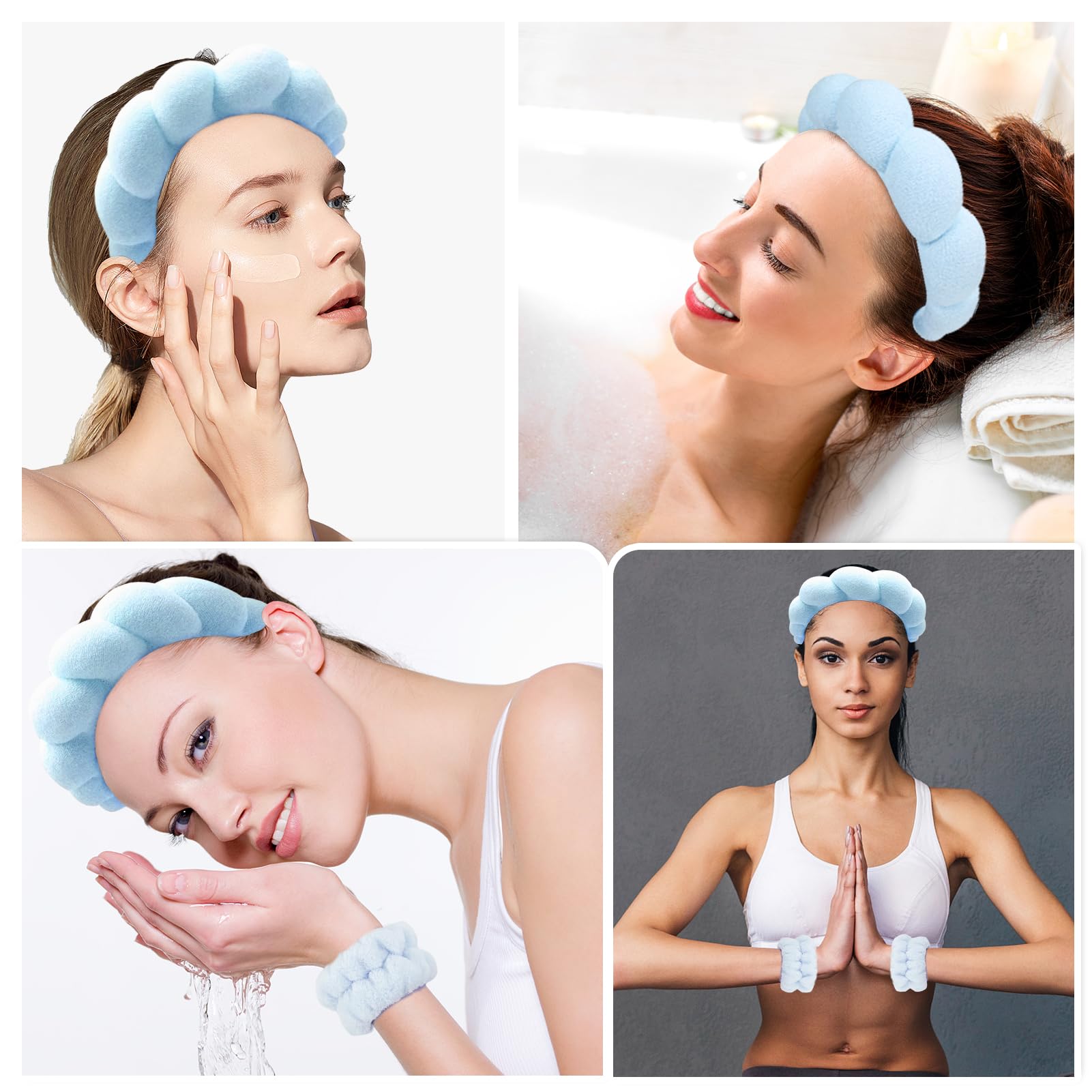 Zkptops Spa Headband for Washing Face Wristband Set Sponge Makeup Skincare Headband Terry Cloth Bubble Soft Get Ready Hairband for Women Girl Puffy Padded Headwear Non Slip Thick Hair Accessory(Blue)