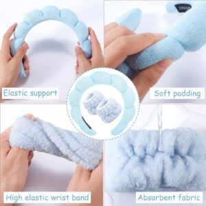 Zkptops Spa Headband for Washing Face Wristband Set Sponge Makeup Skincare Headband Terry Cloth Bubble Soft Get Ready Hairband for Women Girl Puffy Padded Headwear Non Slip Thick Hair Accessory(Blue)