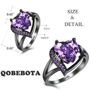 QOBEBOTA Romantic Size 8 Black Gold Plated Engagement Rings Purple Heart Amethyst Ring Promise Rings for Her Gothic Wedding Ring Birthday Gifts Statement Ring for Women